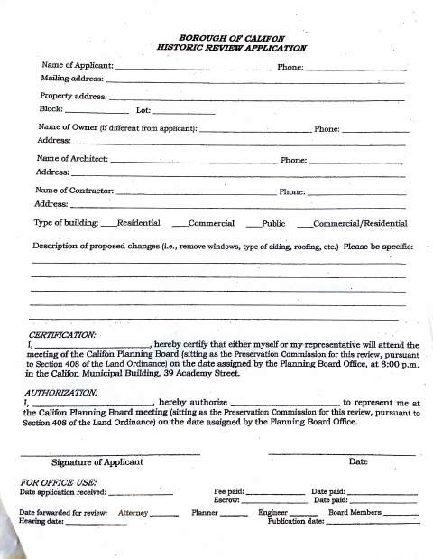 First page of the Historic Review Application