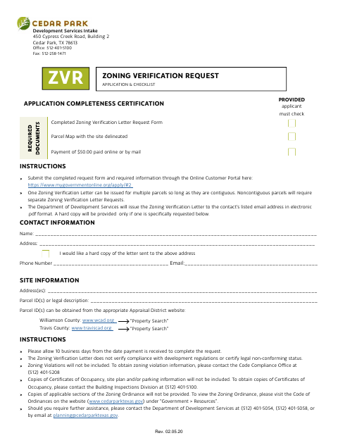 First page of the Zoning Verification Request Application & Checklist