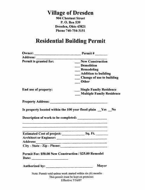 First page of the Residential Building Permit