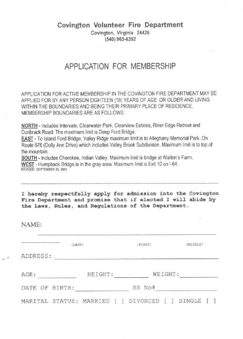First page of the Volunteer Fire Department Membership Application