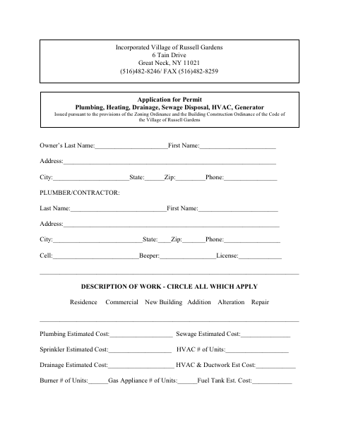 First page of the Plumbing, HVAC, Drainage, and Generator Permit Application
