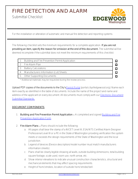 First page of the Fire Detection and Alarm Submittal Checklist