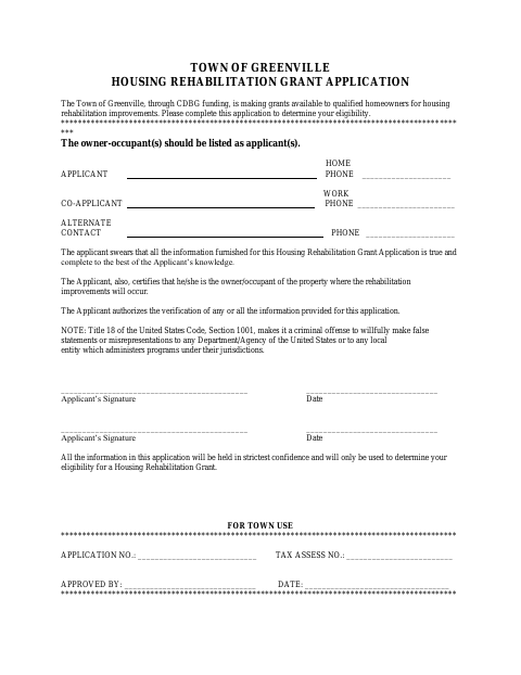 First page of the Housing Rehabilitation Grant Application