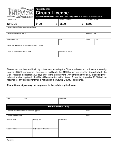 First page of the Application for Circus License