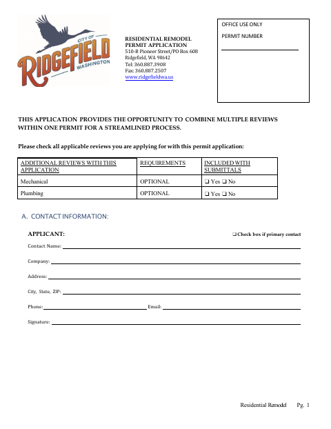 First page of the Residential Remodel Permit Application