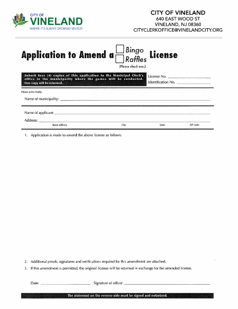 First page of the Amending Bingo or Raffle Application