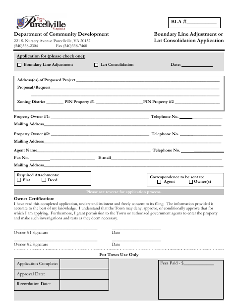First page of the Boundary Line Adjustment or Lot Consolidation Application