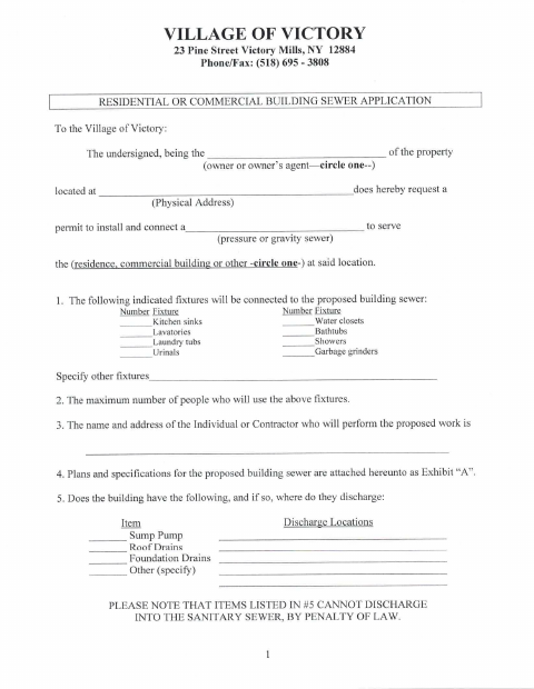First page of the Residential or Commercial Building Sewer Application