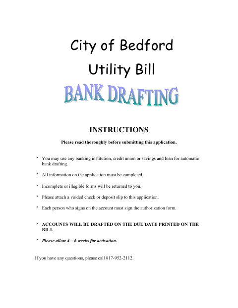 First page of the Bank Draft Authorization For Payment Of Utility Bills
