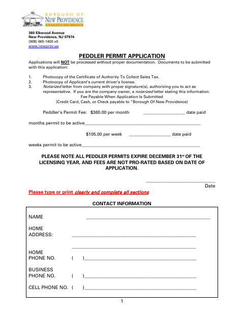 First page of the Peddler Permit Application