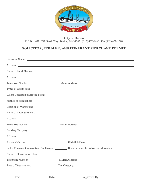 First page of the Solicitor, Peddler, and Itinerant Merchant Permit