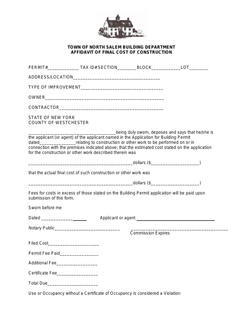 First page of the Affidavit of Final Cost of Construction