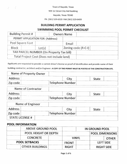 First page of the Swimming Pool Permit Application