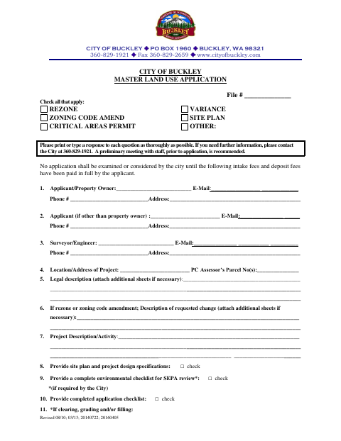 First page of the Master Land Use Application