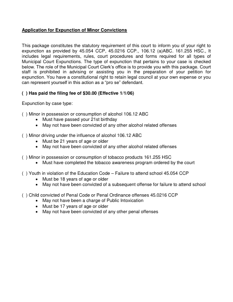 First page of the Application for Expunction of Minor Convictions
