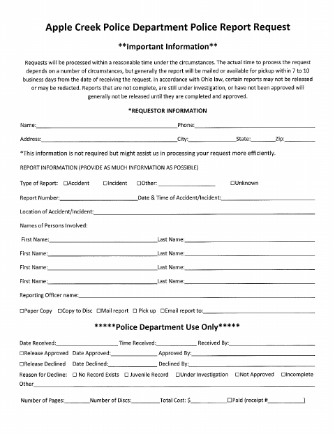 First page of the Police Report Request Form