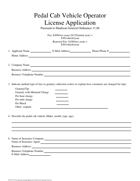 First page of the Pedal Cab Vehicle Operator License Application