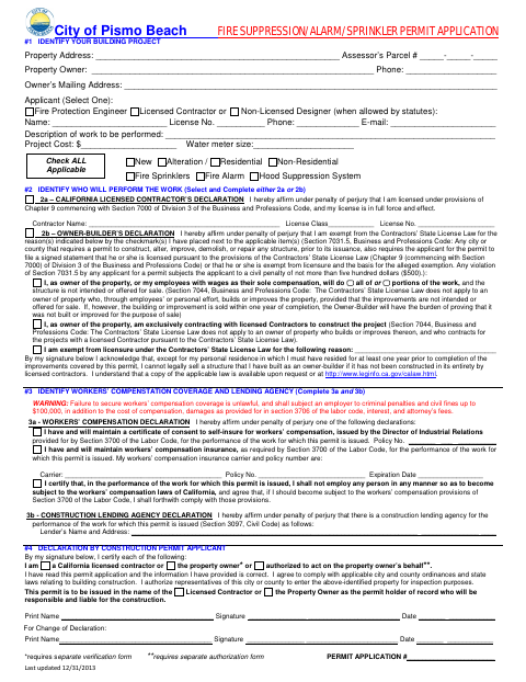 First page of the Fire Suppression/Alarm/Sprinkler Permit Application