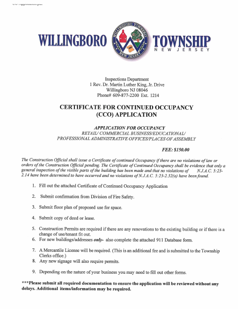 First page of the Certificate for Continued Occupancy Business Application