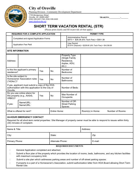 First page of the Short Term Vacation Rental Application