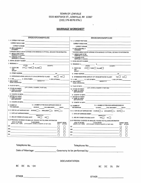 First page of the Marriage License Worksheet