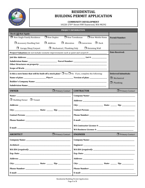 First page of the Residential Building Permit Application