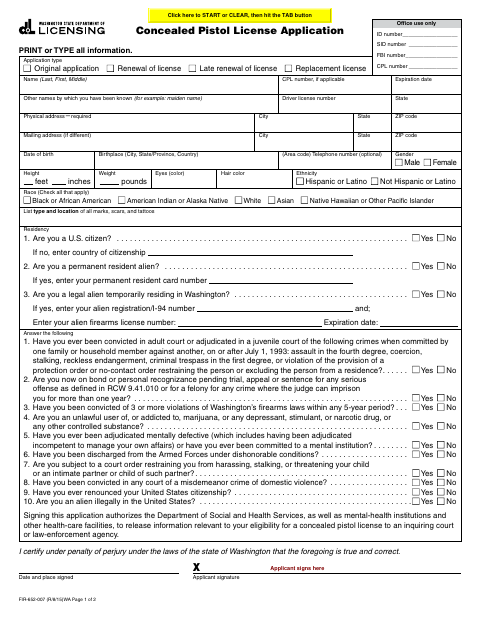 First page of the Concealed Pistol License Application