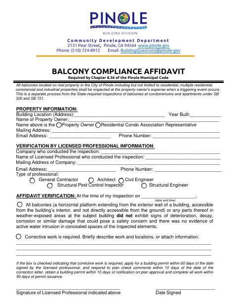 First page of the Balcony Compliance Affidavit