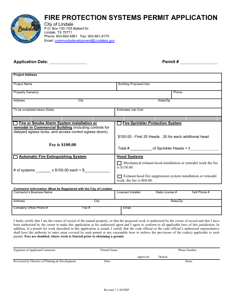 First page of the Fire Protection Systems Permit Application