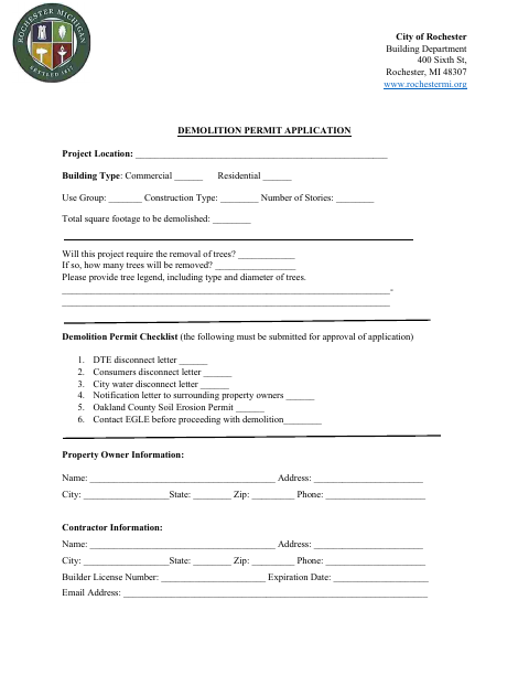 First page of the Demolition Permit Application