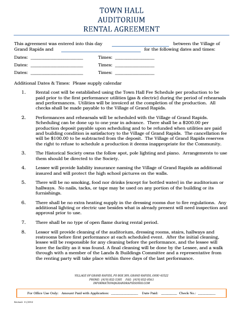 First page of the Town Hall Auditorium Rental Agreement