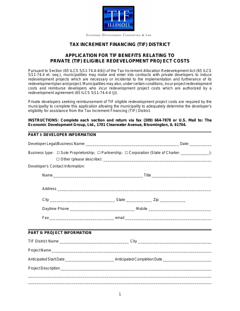 First page of the Tax Increment Financing District Application for TIF Benefits