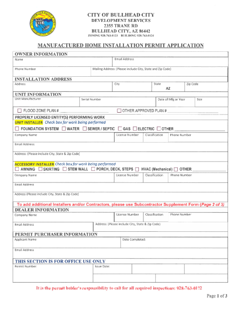 First page of the Manufactured Home, Factory Built Building and Special Event Installation Signatures Page
