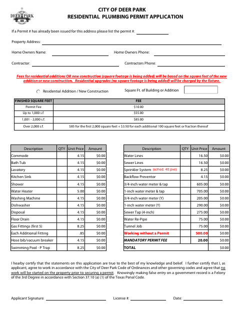 First page of the Residential Plumbing Permit Application
