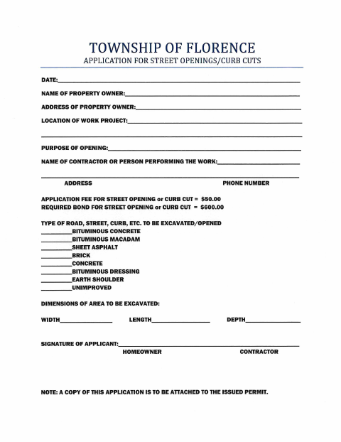 First page of the Street Opening / Curb Cut Application