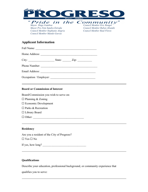 First page of the Board/Commission Application