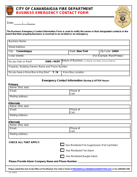 First page of the Business Emergency Contact Form