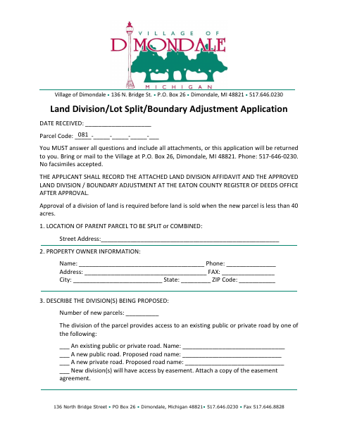 First page of the Land Division/Lot Split/Boundary Adjustment Application and Affidavit