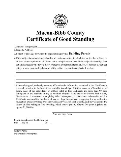 First page of the Certificate of Good Standing (Building Permit)