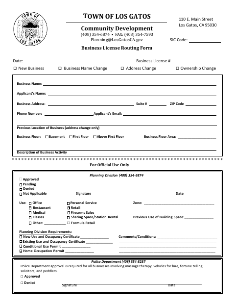 First page of the Business License Routing Form