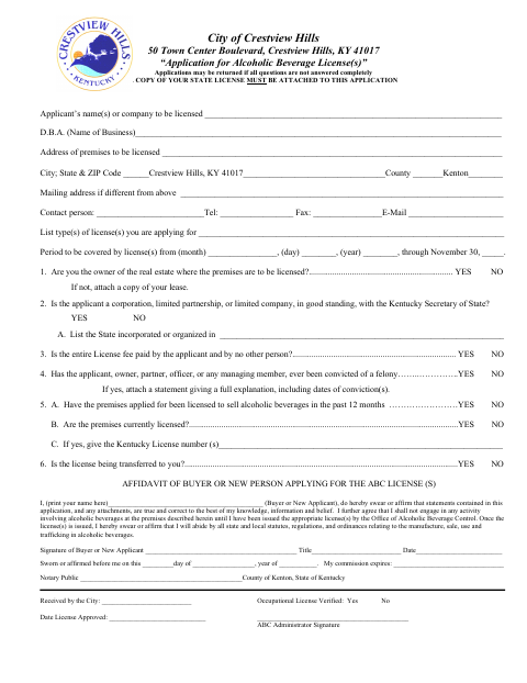 First page of the Alcoholic Beverage License Application