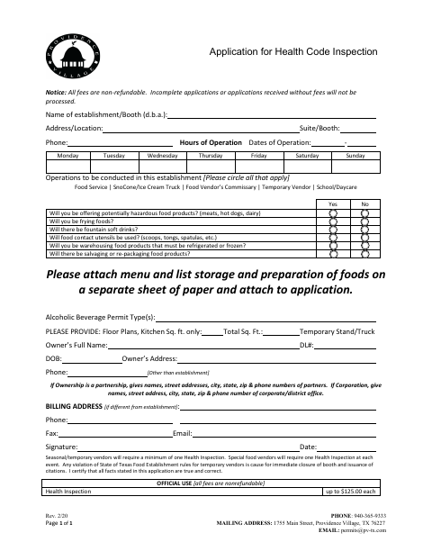 First page of the Application for Health Code Inspection