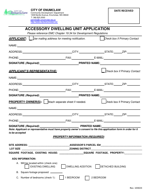 First page of the Accessory Dwelling Unit Application
