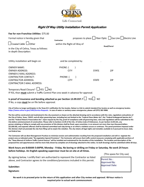 First page of the Right-Of-Way Utility Installation Permit Application