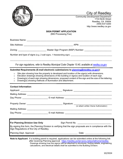 First page of the Sign Permit Application