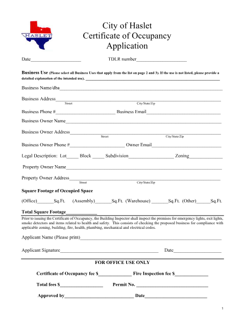 First page of the Certificate of Occupancy Application