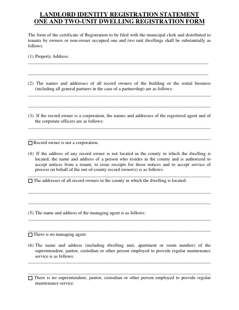 First page of the Landlord Identity Registration Statement One and Two-Unit Dwelling Registration Form