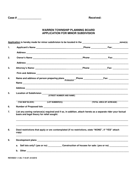 First page of the Minor Subdivision Application