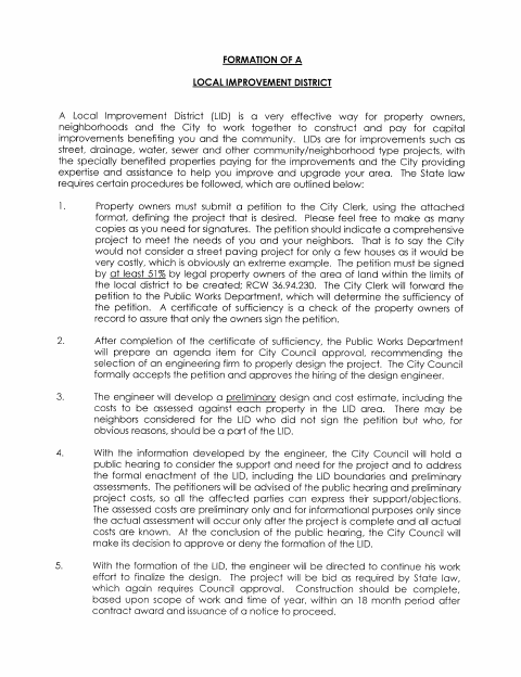 First page of the Local Improvement District Petition