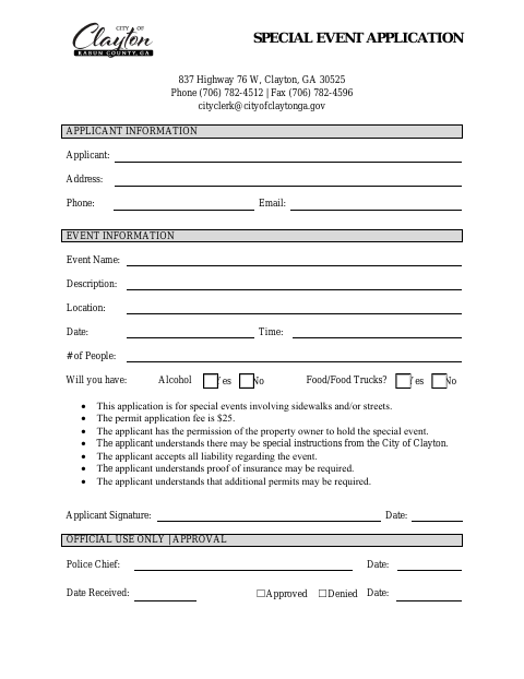 First page of the Special Event Application